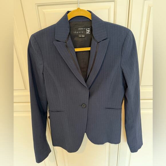 Theory for Barney's Wool Blend Blazer Navy Black Gray Stripes Size 4 Button Work - Picture 1 of 9
